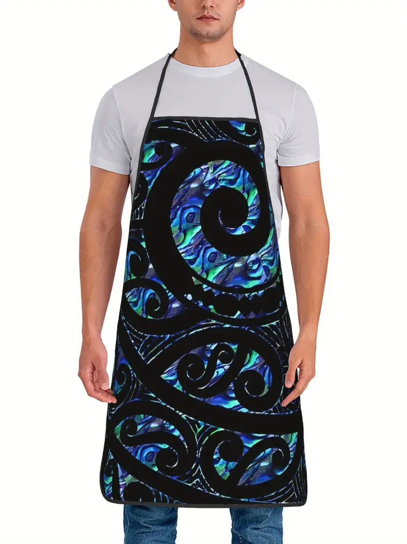 Person wearing a colorful apron with a black and blue design on a white background