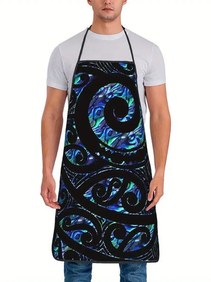 Person wearing a colorful apron with a black and blue design on a white background
