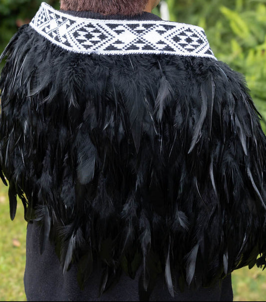 Person wearing a black feathered garment with a white patterned collar against a green background