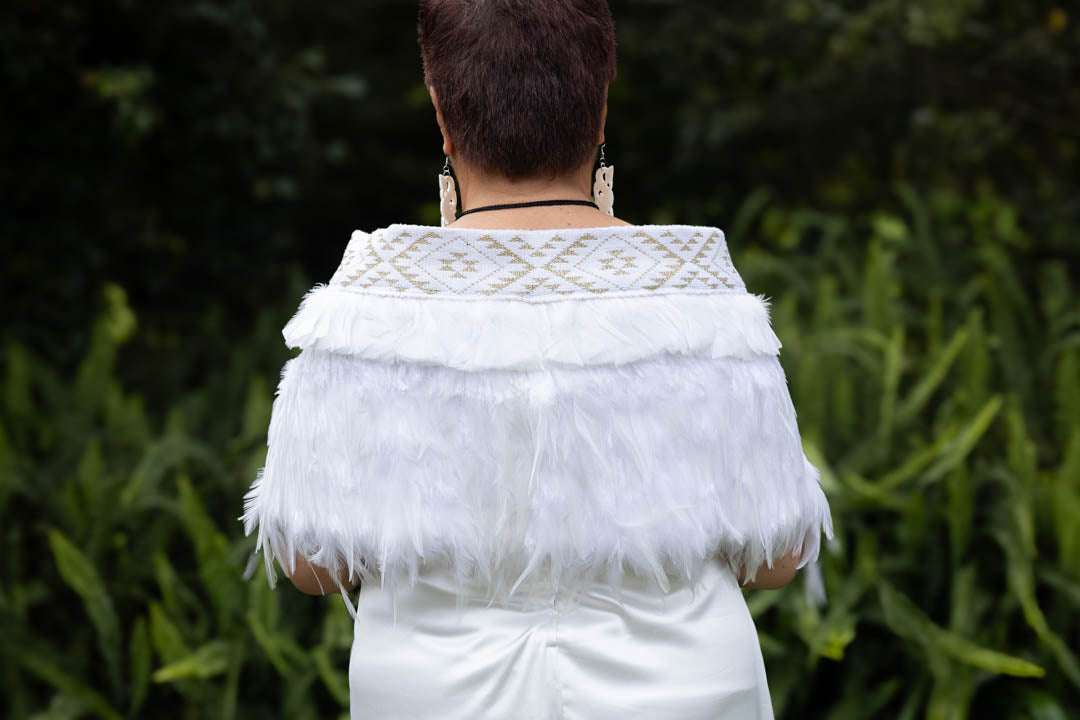 Bridal White Korowai With Gold Taniko Band 2
