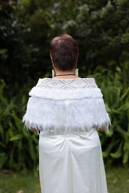 Bridal White Korowai With Gold Taniko Band 2
