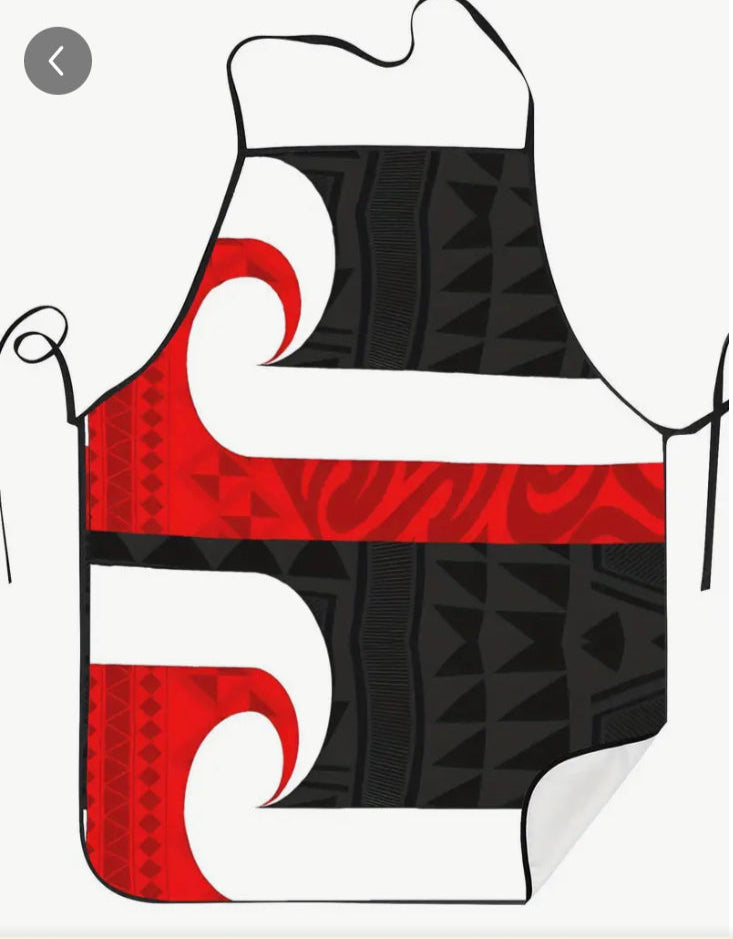 Black, red, and white patterned apron on a mannequin and a person wearing it.