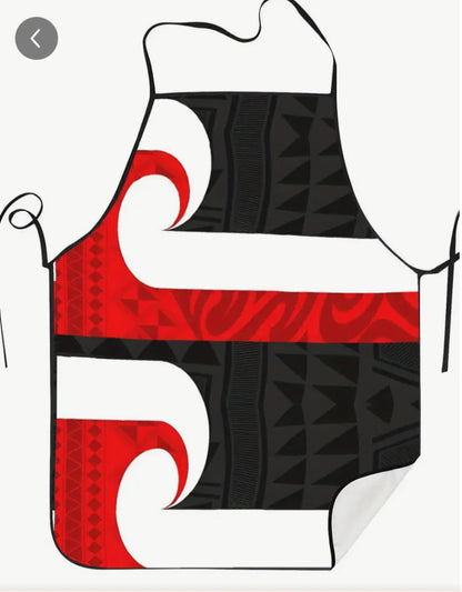 Black, red, and white patterned apron on a mannequin and a person wearing it.