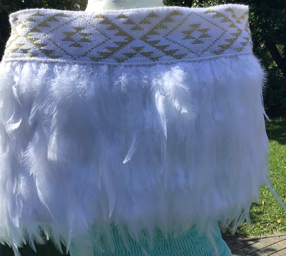 Bridal White Korowai With Gold Taniko Band