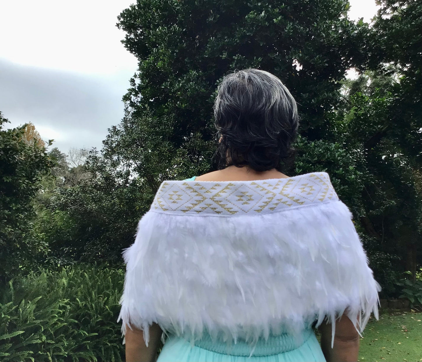 Bridal White Korowai With Gold Taniko Band