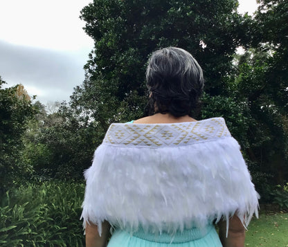 Bridal White Korowai With Gold Taniko Band