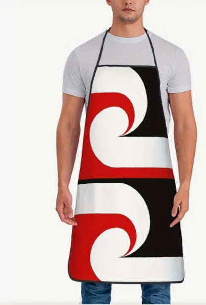 Person wearing a colorful apron with a white background