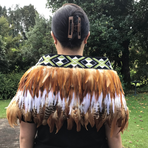 Tan Evening Korowai with Lime Green Band