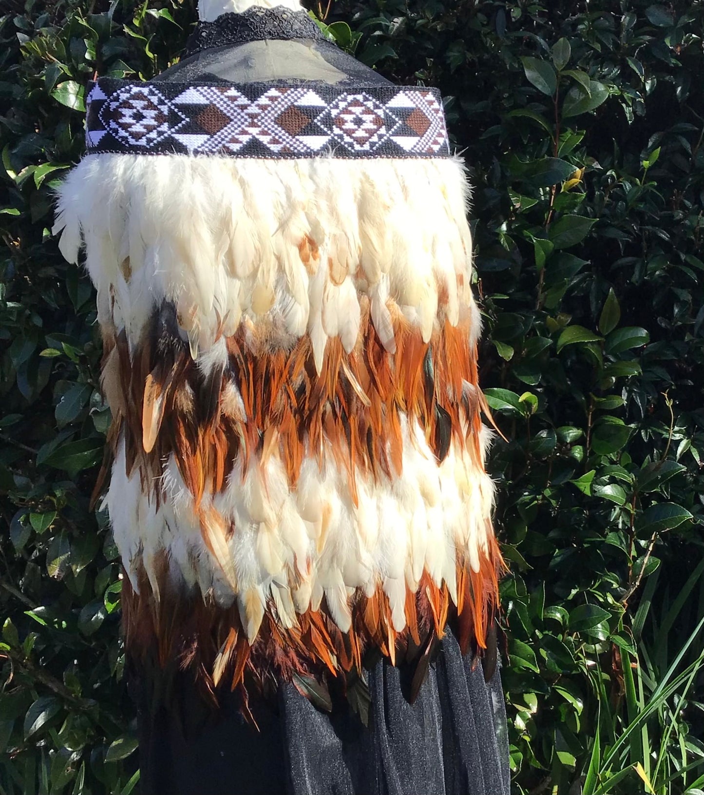 White & Tan Bridal Korowai with Dark Brown Band